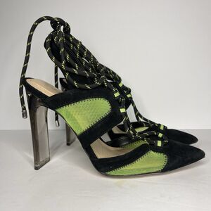 Aldo Stepka Statement Stiletto Heels Black Lime Green Women’s 6.5 Pointy Lace Up
